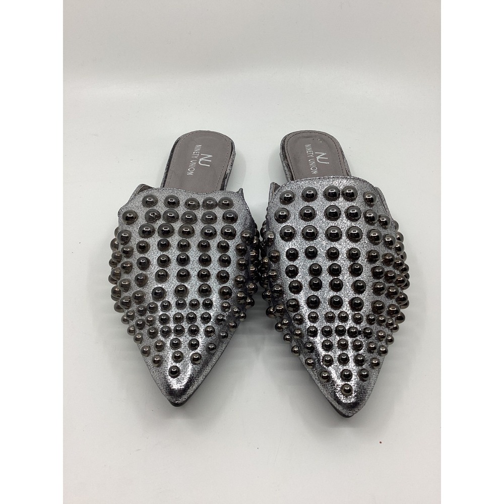 Ninety Union Dizzy Metallic Pewter Silver Studded Pointed Toe Mules Mens 9